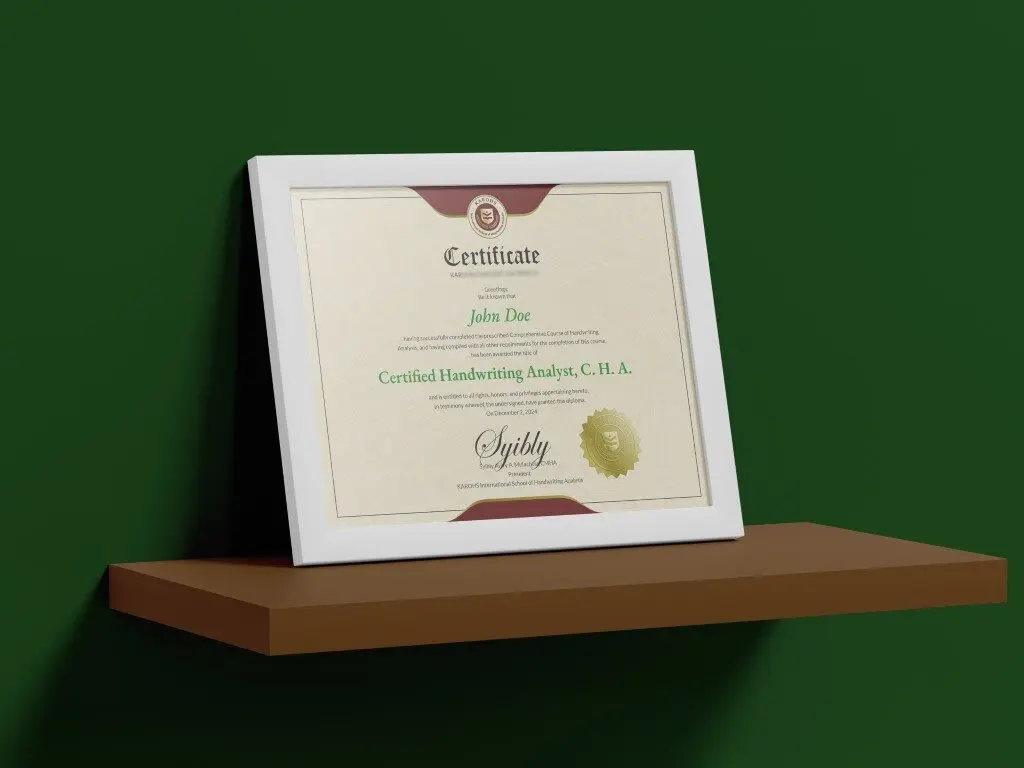 Sertifikat resmi Certified Handwriting Analyst dari KAROHS International School